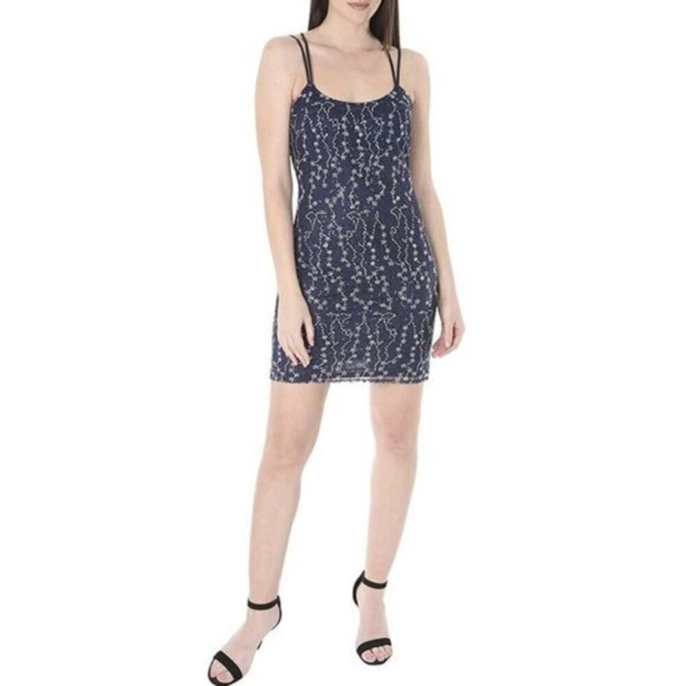 NEW bebe Women’s 12 Embroidered Mesh Sequin Midi Slip Dress Illusion Cross Strap